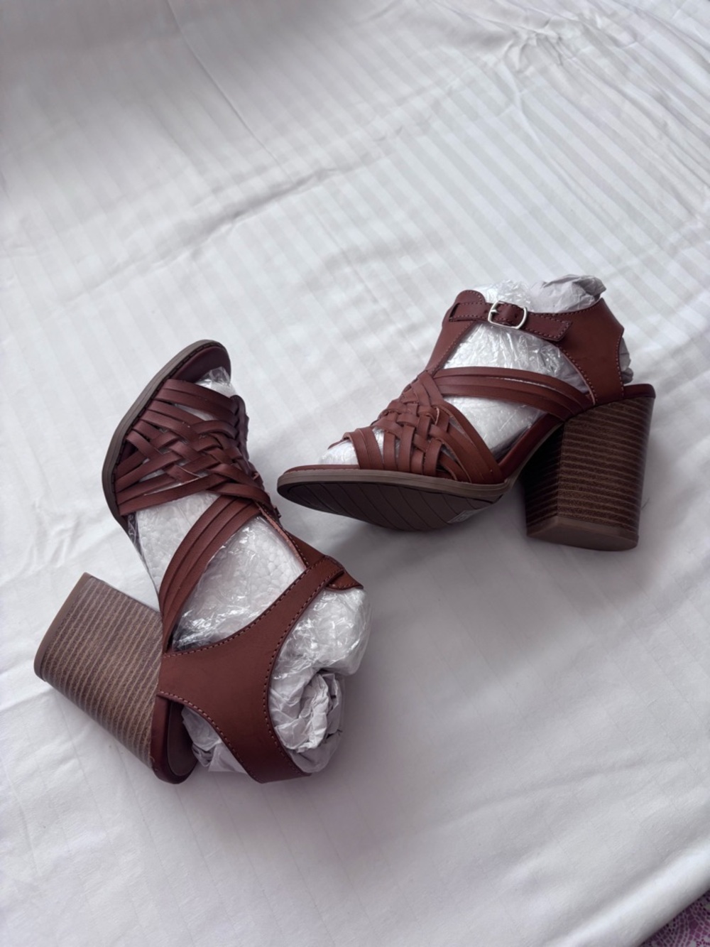 Qupid Brown Woven Block Heel Sandals